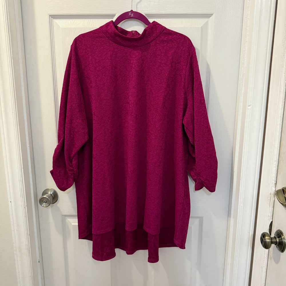 Susan Graver Women 3X Fuchsia Floral Jacquard Lace Mock Neck Blouse Top
